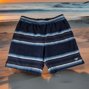 Speedo Mens Lined Swim Shorts Trunks Elastic Drawstring Waist Striped Medium